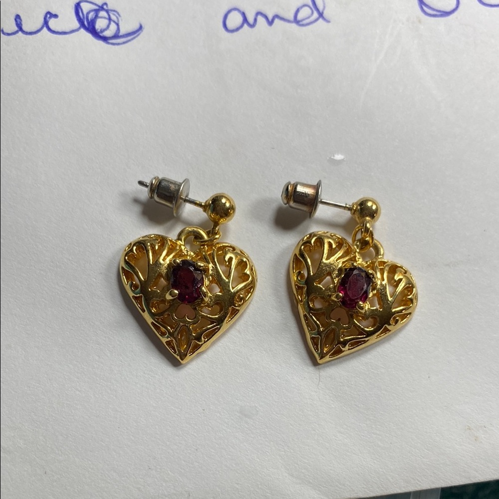 Gold Heart Earrings with Deep Purple Gemstone